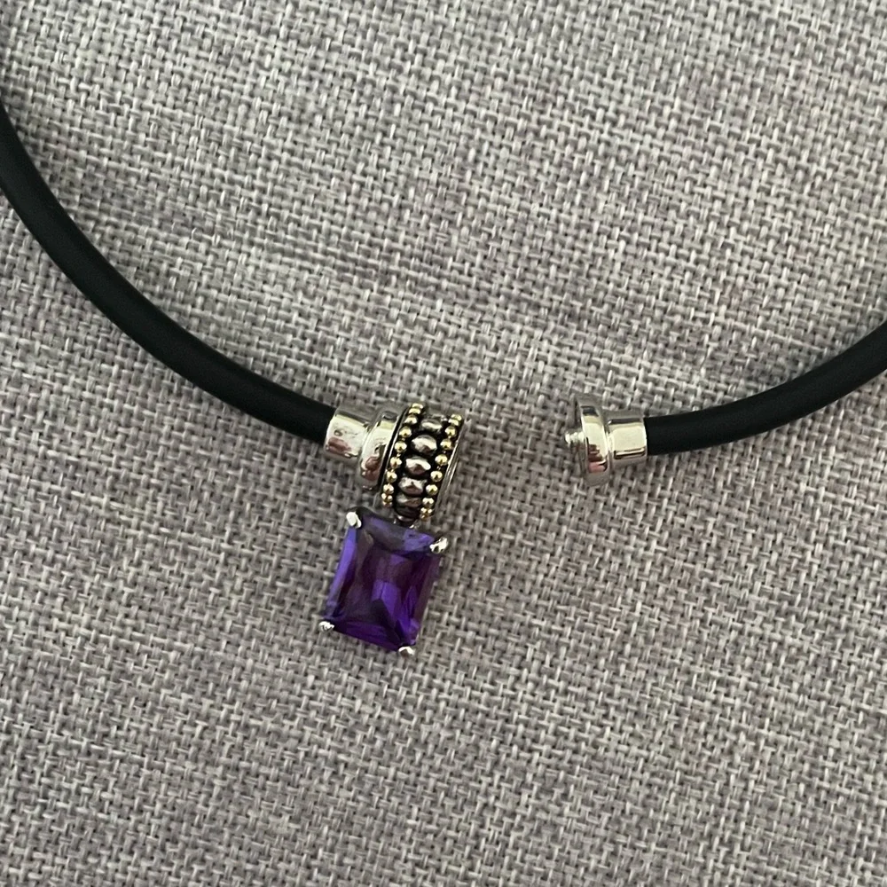 Black Choker Necklace Purple Crystal & Silver Tone Pendant